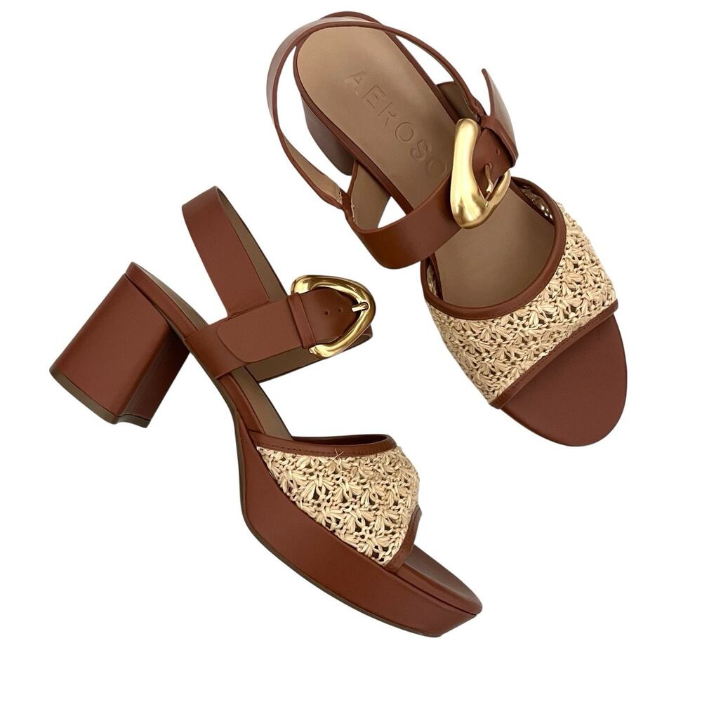 AEROSOLES Brown and Natural Woven Block Heel Sandals